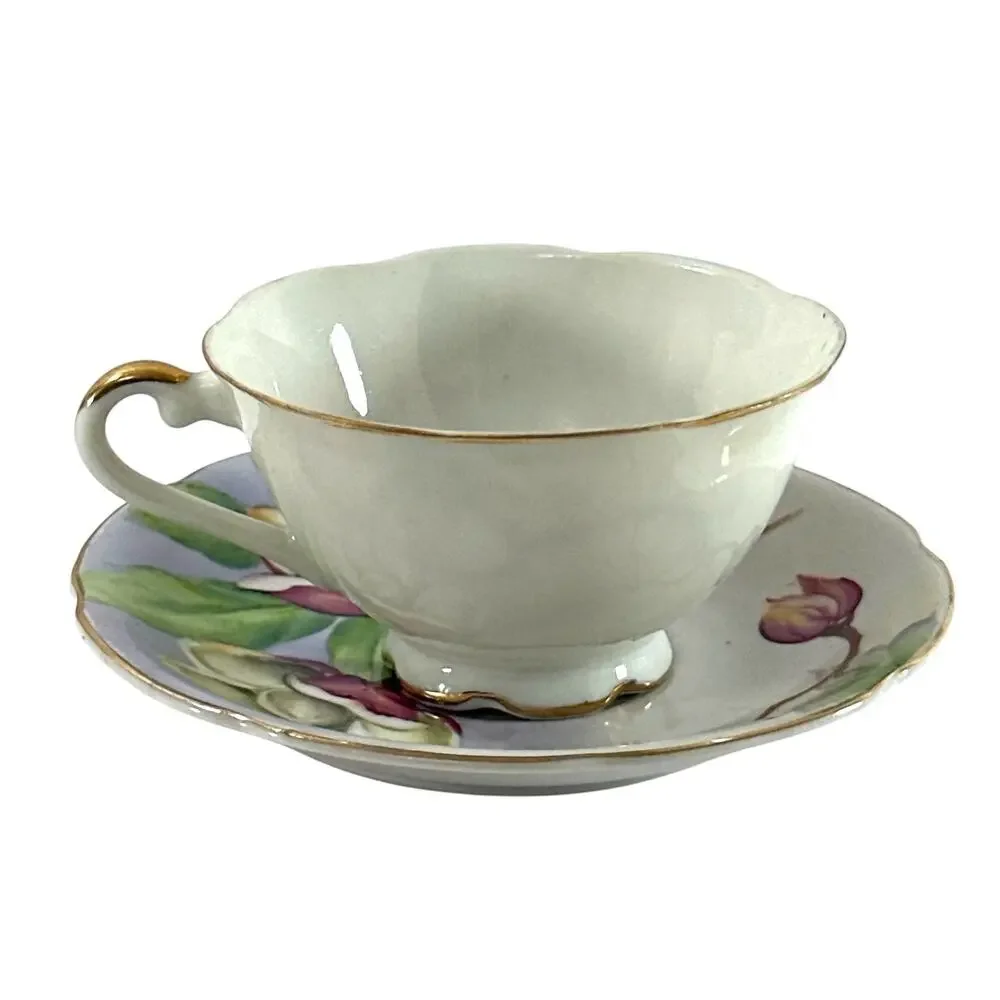 Vintage Wood Rose Hawaii Tea Cup & Saucer Hand Painted Floral Gold Trim Japan